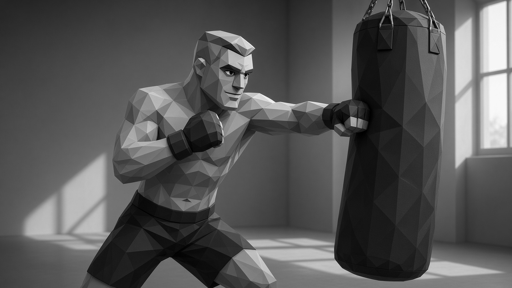 Brok hitting a heavy bag in an empty gym