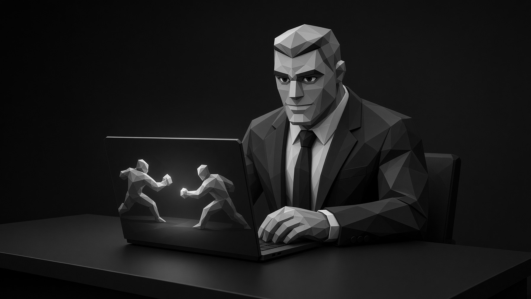 Brok in a suit at a dark desk, watching tape on a laptop