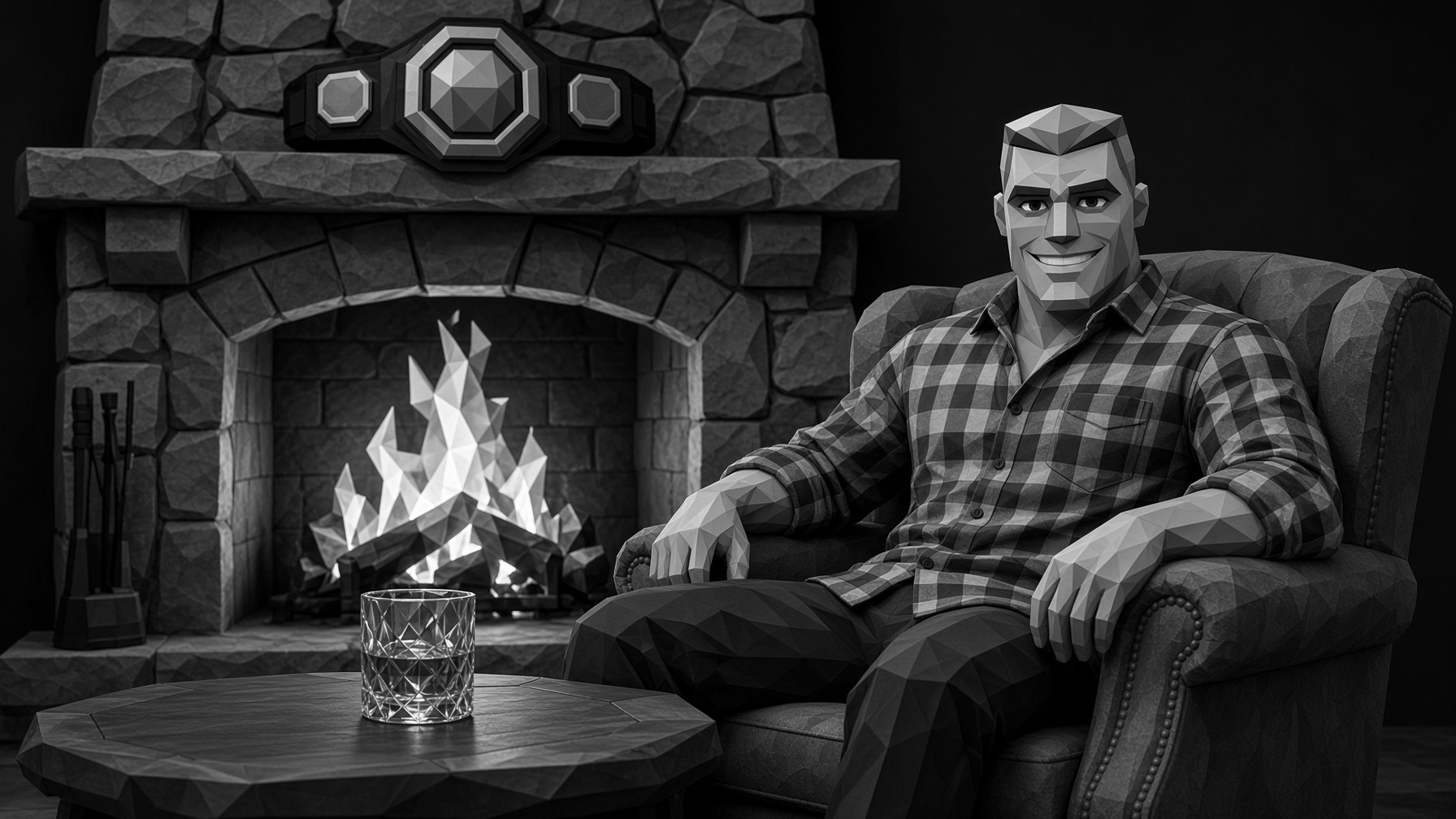Brok in a flannel by a lit fireplace, whisky on the table