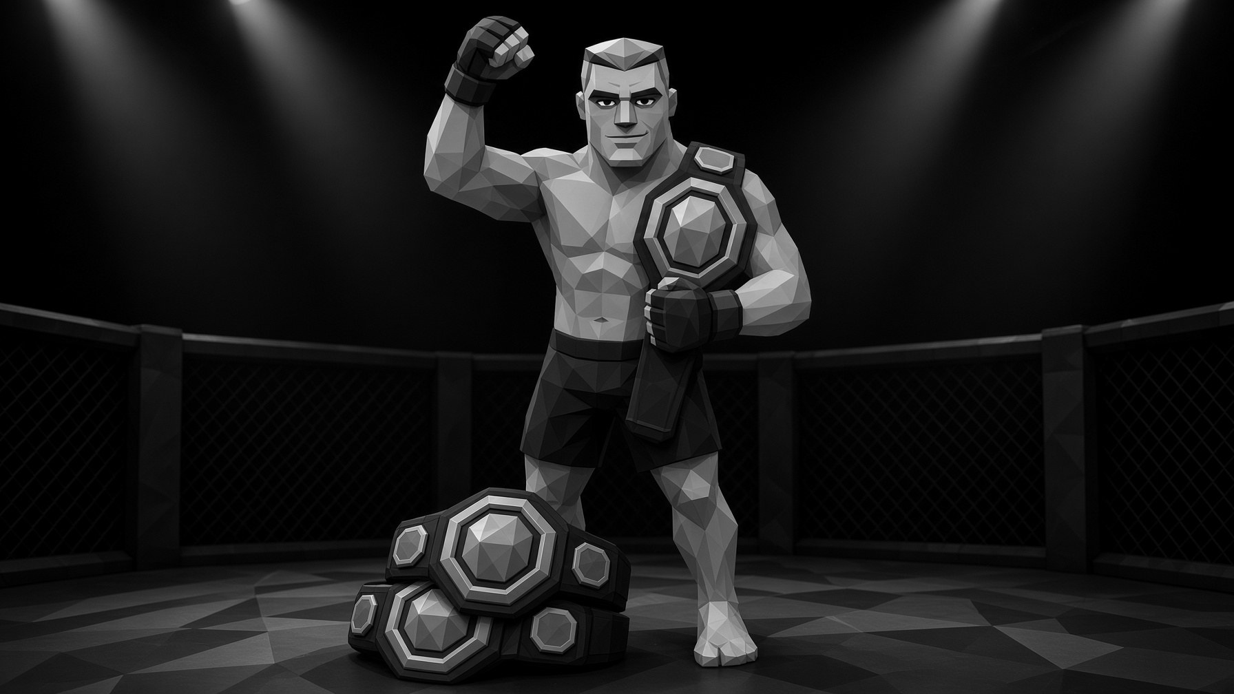 Brok in the cage after a win, fist up, belts stacked at his feet